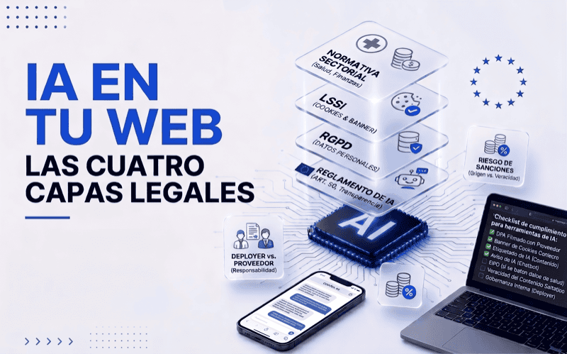 Diagrama de las cuatro capas legales al usar IA en una web: Reglamento de IA, RGPD, LSSI y normativa sectorial